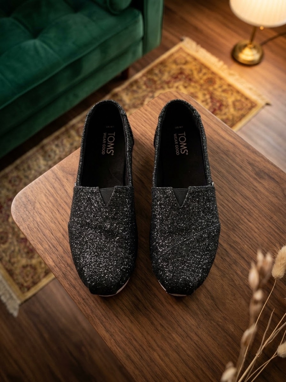 Toms Black Glitter Slip-On Flats
